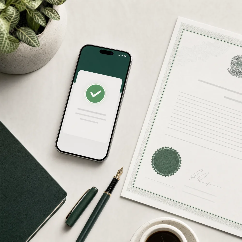 Celular com o aviso de CNPJ regular ao lado de uma certidão com selo verde